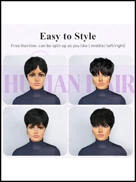 Virgin Human Hair Pixie Cut Wig Short Layered Bangs Machine Made Glueless main image 4